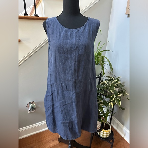 Navy Blue Sleeveless Linen Dress with Pockets Made in Italy - Picture 1 of 5